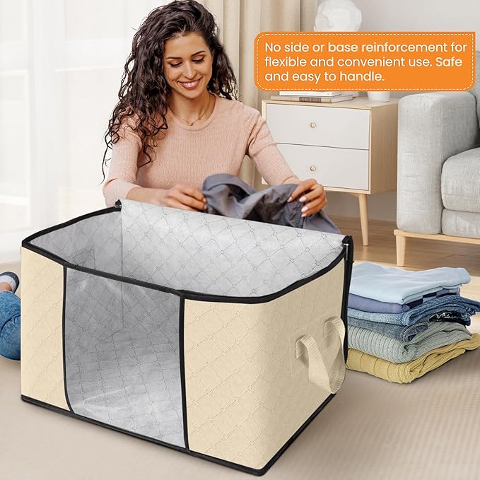 Fab totes 24 Gallons Clothes Storage, Foldable Thick Fabric Blanket Storage Bags, Containers for Organizing Bedroom, Closet, Clothing, Comforter, Organization with Handle (4 Pack,Beige)
