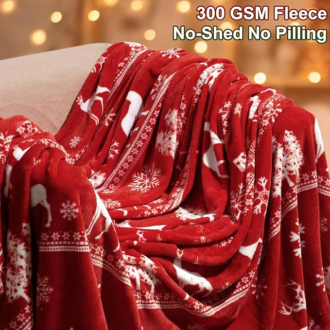 PHF Printed Fleece Blanket Twin Size, No Shed No Pilling Ultra Soft Plush Cozy Xmas Prints Theme Home Décor Flannel Blanket for Bed, Sofa, Couch and Gift, 66" x 90", Reindeer and Trees, Red