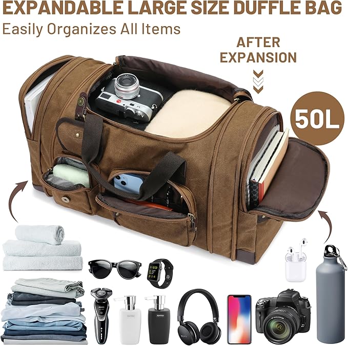 Travel Duffle Bag for Men, Heavy Duty Canvas Duffle Bag, Carryon Bags for Airplanes, Expandable Vintage Leather Overnight Luggage Weekender Bag, Waterproof Anti-tear Canvas Bag