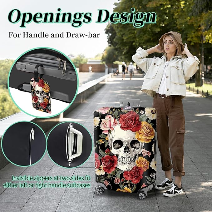 Luggage Cover Plus - Sugar Rose Skull Travel Suitcase Cover for 22-24 inch Luggage (M) with Concealed Zipper, Washable Elastic Cloth, Dustproof, Anti-Scratch
