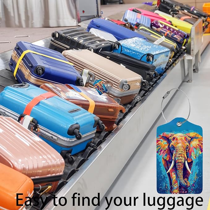 Colorful Elephant 2-Pack Luggage Tags for Suitcases,Leather Baggage Tag with Loop, Tags Private Name ID Labels for Women Girl Men Boys Travel Baggage Suitcase