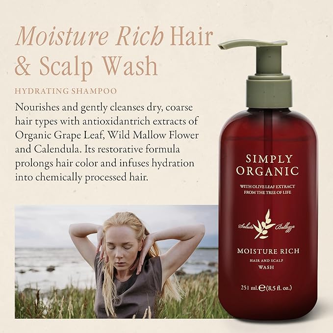 SIMPLY ORGANIC Nourishing Hair Deep Shampoo Scalp Wash, Made in Italy, All Natural Cruelty Free Hair Care for Women & Men with Grapeseed & Olive Leaf Extract, 251ml/8.5floz, MOISTURE RICH