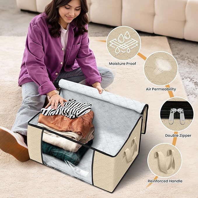 Fab totes 10 Pack Clothes Storage, Foldable Thick Fabric Blanket Storage Bags, Containers for Organizing Bedroom, Closet, Clothing, Comforter, Organization with Handle,Beige