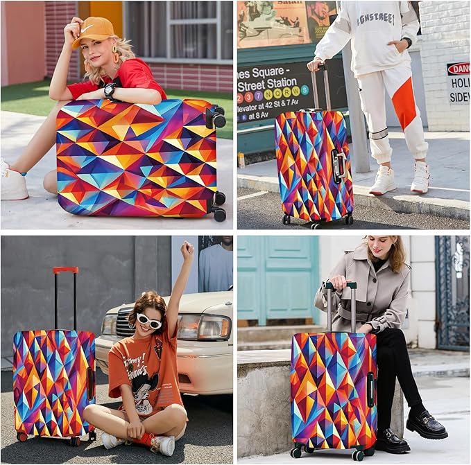 ANNA QUEEN Colorful Geometric Luggage Cover, Abstract Prism Pattern Suitcase Protector, Stretchable, Washable Travel Cover for 28-30 Inch Luggage, Bright, Durable & Eye-Catching