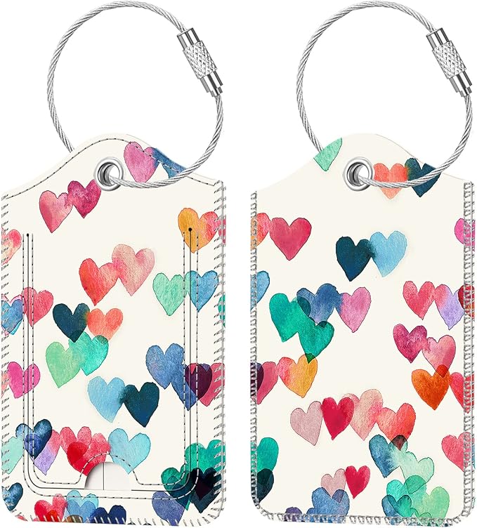 Fintie Luggage Tags, Privacy Cover ID Label with Stainless Steel Loop and Address Card for Travel Bag Suitcase - Raining Hearts (2 Piece)
