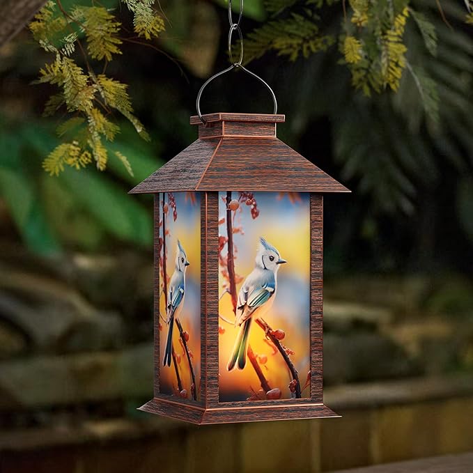 Outdoor Solar Lanterns, Waterproof Blue Jay Hanging Lantern with Flickering LED Candle, 13'' Bird Outdoor Solar Powered Lantern Decor for Porch Patio Garden Balcony Pathway, 1 Pack