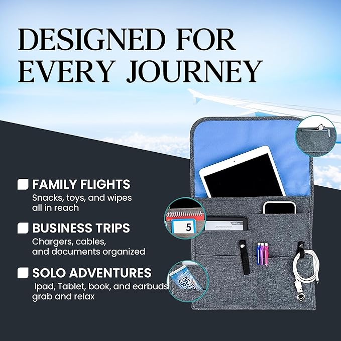 SO~MINE Airplane Pocket Organizer | Tray Table Cover | In Flight Seat Back Organizer Bag | Commuter Essential Travel Bag | Media Pouch For Flying | Travel Gift | Attaches To Luggage