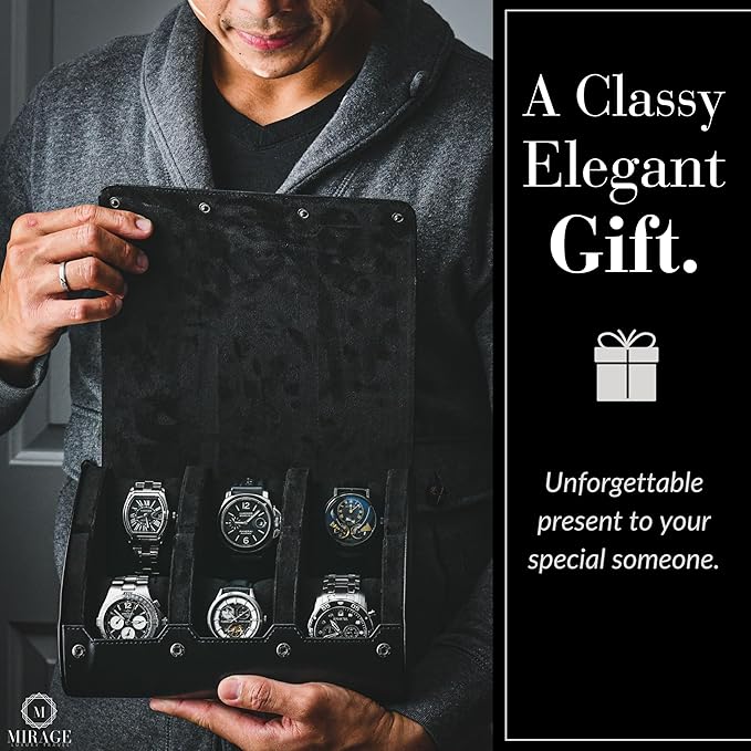 Black Watch Case for Men - 6-watch Roll Travel Case by Mirage - Super Black motif design