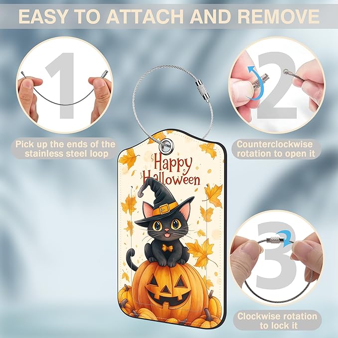 Halloween 2 Pack Luggage Tags for Suitcases Cute Black Cat on Pumpkin Leather Luggage Tags Privacy Cover ID Label with Stainless Steel Loop and Address Card for Women Men Travel Bag Backpack