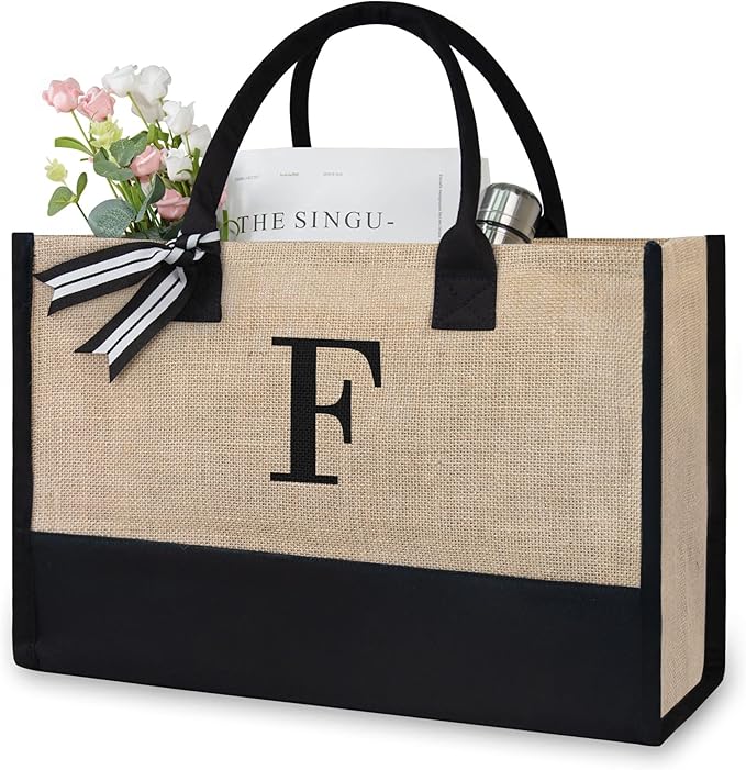 TOPDesign Initial Jute/Canvas Tote Bag, Personalized Present Bag, Suitable for Wedding, Birthday, Beach, Holiday, is a Great Gift for Women, Mom, Teachers, Friends, Bridesmaids (Letter F)