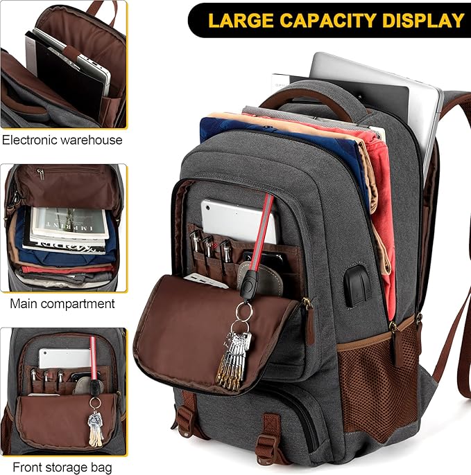 Tzowla Canvas Laptop Backpack, Bag for Men Women,Travel Work Rucksack Fits 17.3 Inch Laptop, Bookbag with USB Charging Port