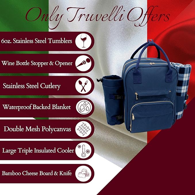Truvelli Picnic Backpack for 2 with Blanket – 12-in-1 Insulated Picnic Basket Backpack Set with‬ Wine Holder, Cutlery & Cheese Board – Luxury Picnic Back Pack for Couples, Outdoor‬ Adventures, Blue