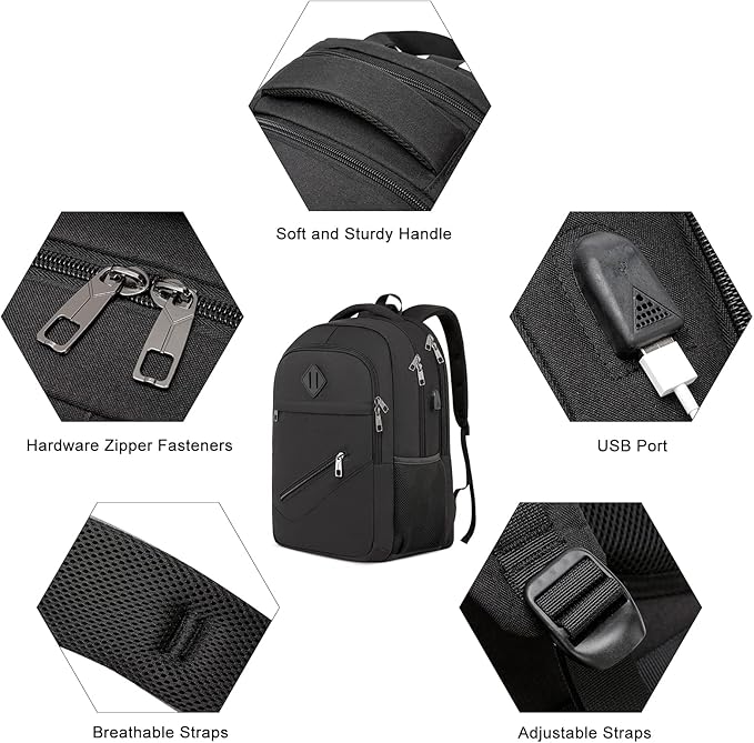 Black Backpack, School Backpacks for Teen Boys & Girls, Student Bookbag Fits 17.3 Inch Laptop with USB Charging Port, Water Resistant Travel Backpack, Sturdy Anti Theft Computer Bag Gifts Men Women