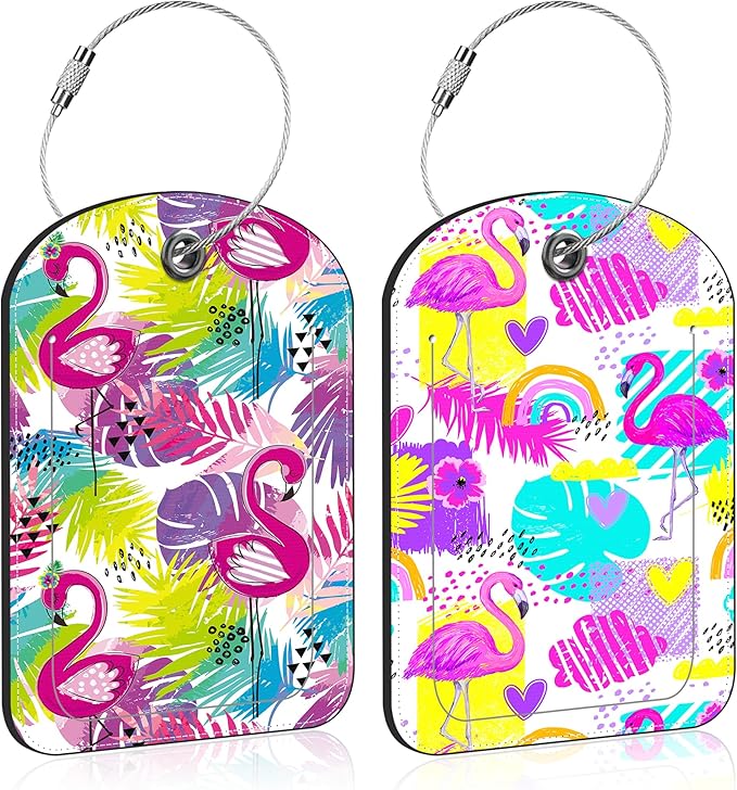 2 PCS Leather Luggage Tag for Suitcase Tropical Leaf and Flamingo Travel Suitcase Labels with Privacy Name ID Label and Stainless Steel Loop for Adults Teens Travel Bag Labels Set
