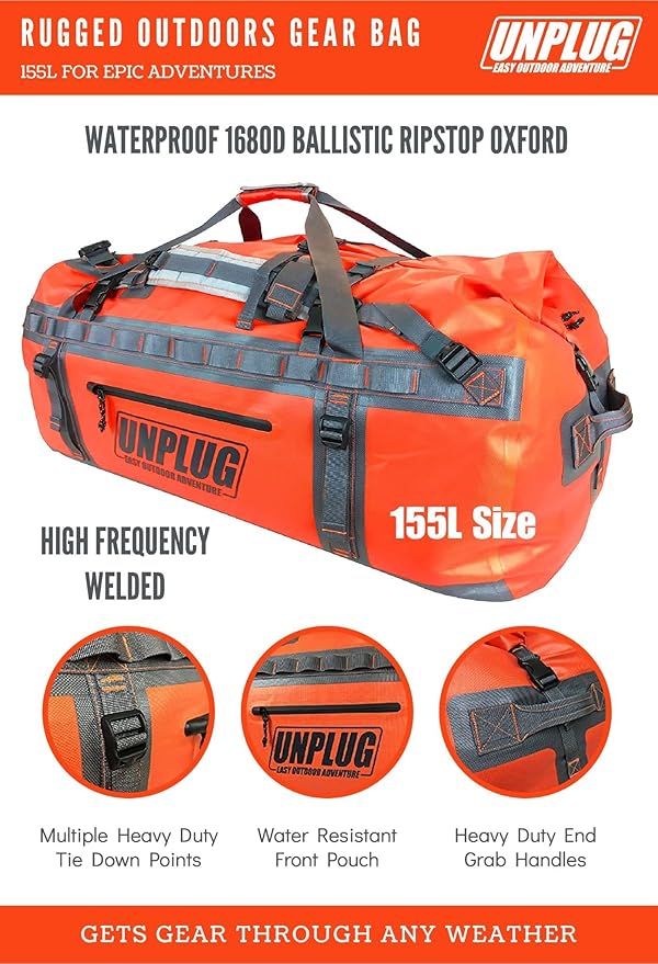 UNPLUG Ultimate Adventure Bag | 1680D Heavy Duty Waterproof Bag | Large Travel Duffle Bag which can be Used for Camping, Motorcycling, Boating, or Hunting (155L Adventure Orange)