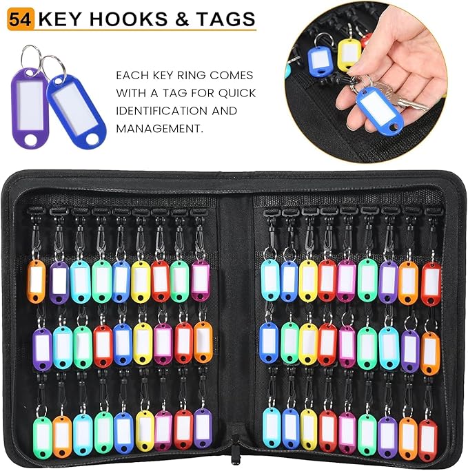 Portable Zippered Key Organizer, Waterproof Fireproof Key Case with 54 Key Hooks and Tags,Portable Key Storage for Rental Management Real Estate Sales Hotel Executives and Car Service(54 Keys)