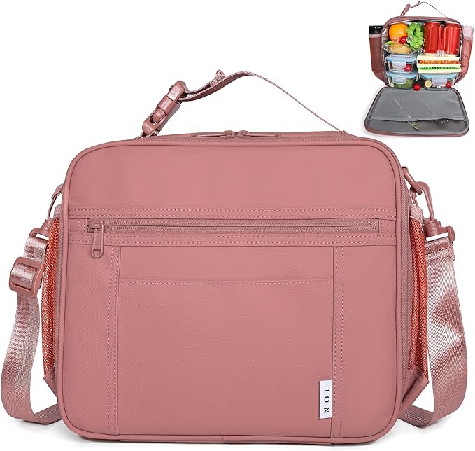 NOL Kids Lunch Bag for School, Reusable Insulated Lunch Box & Children's Tote Bag with Zipper Closure, Buckle Handle, Adjustable Long Shoulder Strap, Easy-Clean Waterproof Fabric Lunchbox - Dark Pink