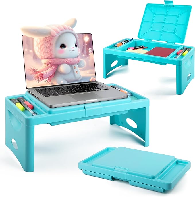 Loddie Doddie Foldable Lap Desk for Kids & Adults - Teal Blue Portable Plastic Table with Storage Pocket & Trays - Bed Desk, Car Tray & Travel Lap Table