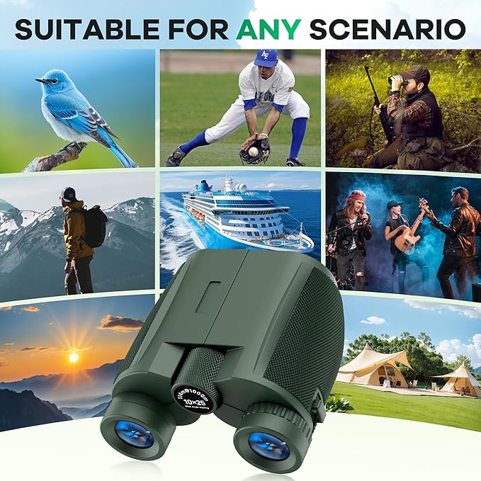 10x25 Compact Binoculars for Adults and Kids, Large View Waterproof Small Binoculars with Low Light Vision BAK4 Prism FMC Lens for Cruise Ship Bird Watching Travel Sightseeing Concert Hunting