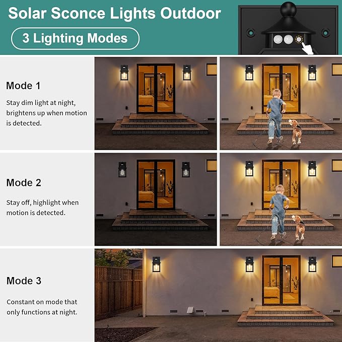 Solar Porch Lights Outdoor, Solar Sconce Lights Outdoor with Motion Sensor, Waterproof Wall Light with Clear Panel for Garage, Porch, Yard, Front Door,5.8 * 5.8 * 11.8in