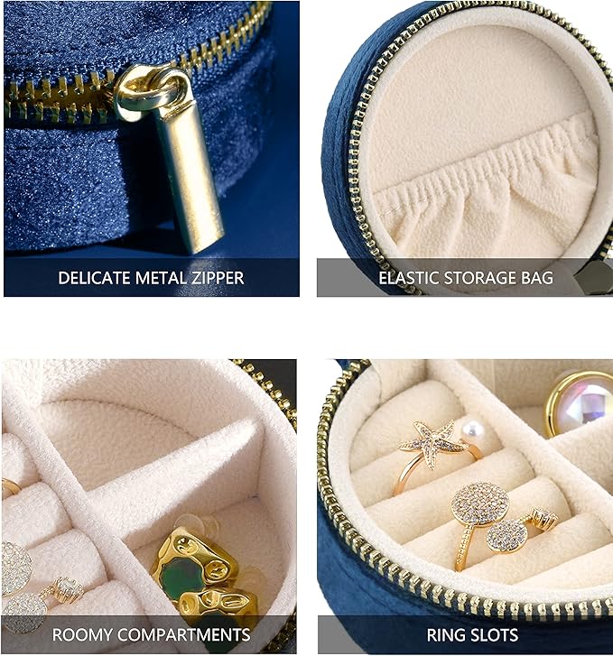 TAIMY Velvet Travel Jewelry Box, Round Small Travel Jewelry Case for Women Girls, Portable Mini Jewelry Travel Organizer Boxes for Rings Earrings Necklaces Bracelets(Navy Blue) 3.15x3.15x1.57in
