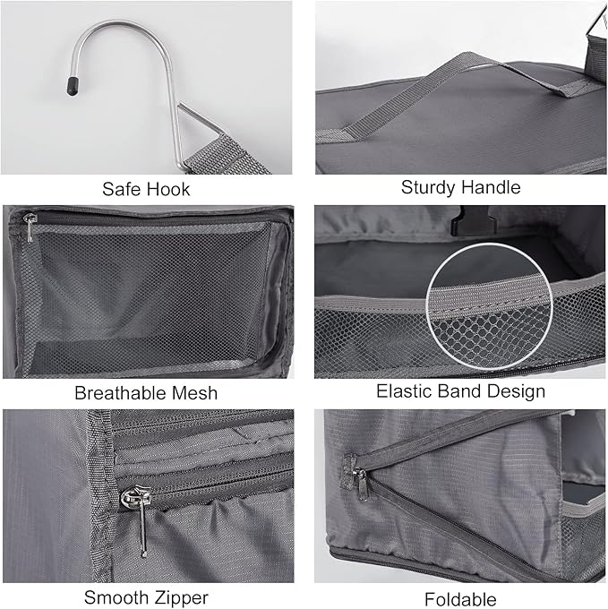 TABITORA Travel Portable Hanging Shelves Closet Organizer Packing Luggage Storage with Multifunctional and Foldable Invisible Compartment,Lightweight, for Suitcase, RV,Closet…Grey,XL