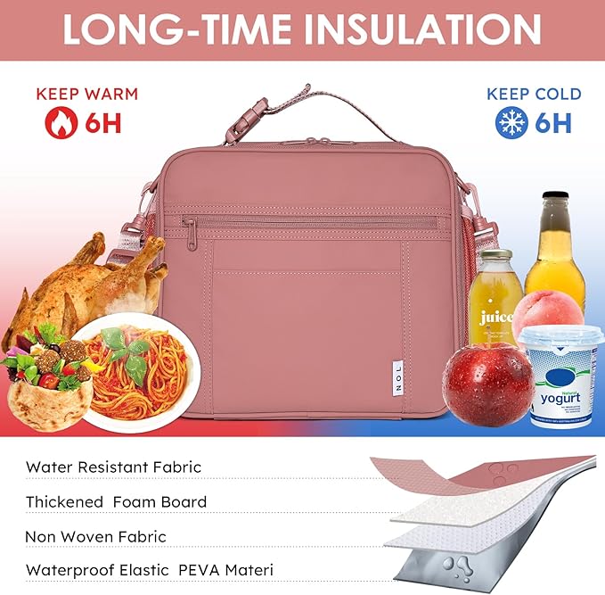NOL Kids Lunch Bag for School, Reusable Insulated Lunch Box & Children's Tote Bag with Zipper Closure, Buckle Handle, Adjustable Long Shoulder Strap, Easy-Clean Waterproof Fabric Lunchbox - Dark Pink