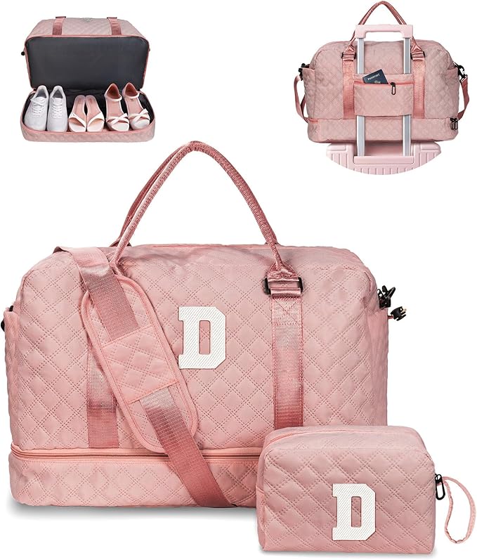 Birthday Gifts for Women-Duffle Bag with Shoe Compartment, Personalized Weekender Bag, Monogram Overnight Bag, Letter Travel Bag with Makeup Bag-Daughter Gift Ideas, for Women 20S (Letter D)
