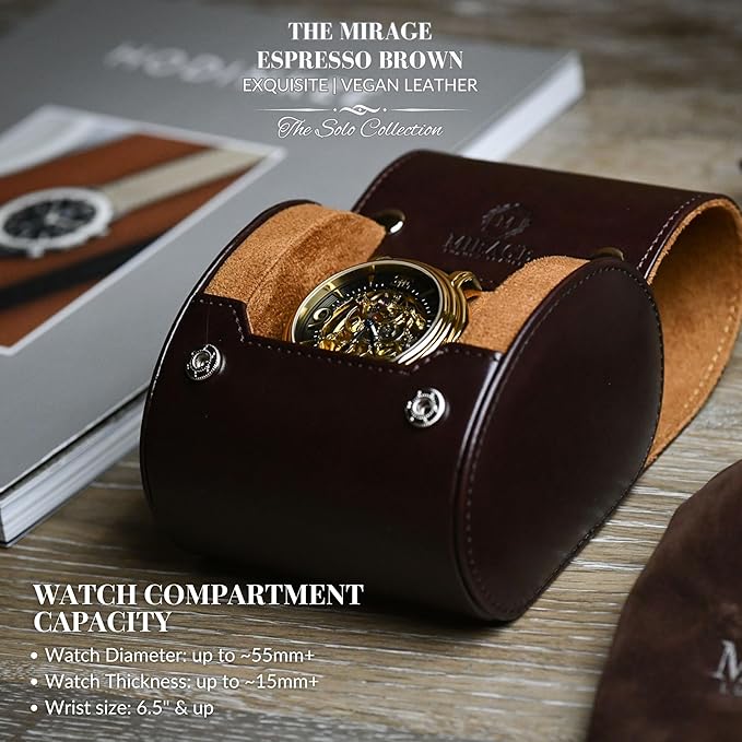 Single Watch Case Travel Box - Watch Travel Case for Men – Single Watch Roll - Espresso Brown Swiss Motif Vegan Leather