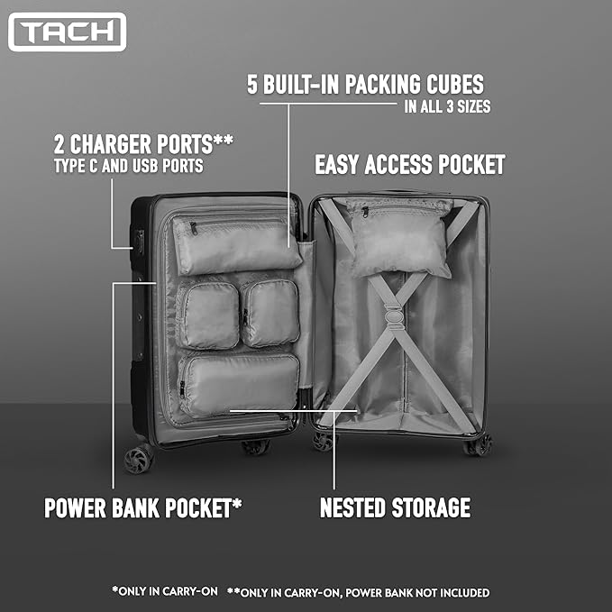 Tach V3.1 Hard Shell 2 Piece Luggage Set - 20 & 28 inch Luggage | Carry On & Large Checked Suitcases | Patented Built-In Connecting System | Rolling Suitcase Links 9 Bags (Black)