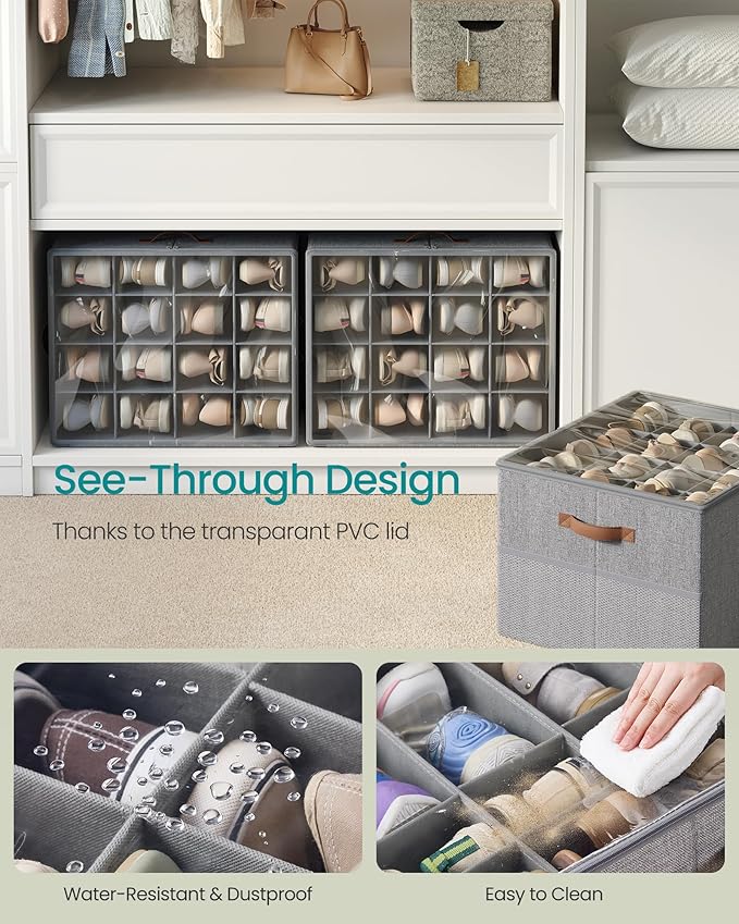 SONGMICS Shoe Organizers for Closet, Pack 2 Shoe Storage Bins, Fits 32 Pairs, Fabric Containers with Handles and Clear Cover, Adjustable Dividers, Customizable, Dove Gray ULSP556G01