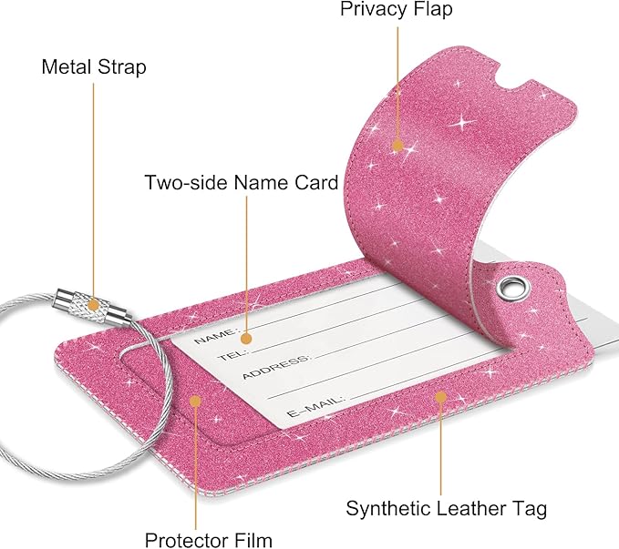 Fintie Luggage Tags, Privacy Cover ID Label with Stainless Steel Loop and Address Card for Travel Bag Suitcase - Sparkling Rose Red (2 Piece)