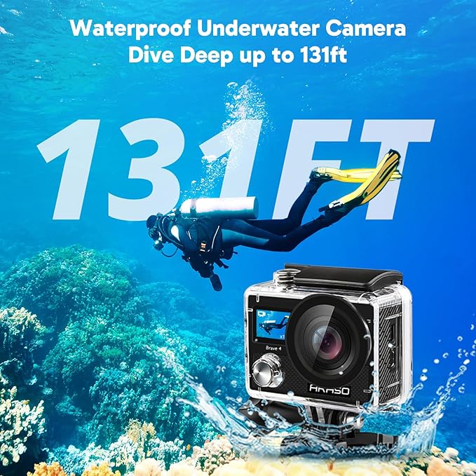 AKASO Brave 4 Action Camera 4K 30fps with 64GB MicroSD Card Bundle 20MP Ultra HD 131FT Waterproof Underwater Camera EIS WiFi Remote Control 5X Zoom Sport Cameras with Bicycle Accessories Kit