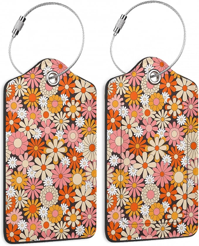 2 Pack Luggage Tag for Suitcase,Vintage Groovy Flowers Leather Suitcase Tags Identifiers with Privacy Name Address Labels and Durable Steel Loop for Women Men Travel