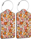 2 Pack Luggage Tag for Suitcase,Vintage Groovy Flowers Leather Suitcase Tags Identifiers with Privacy Name Address Labels and Durable Steel Loop for Women Men Travel