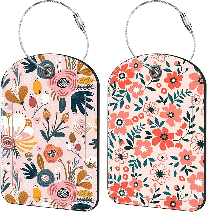 Orange Flowers Luggage Tag for Suitcase Set of 2 PU Leather Cute Luggage Tags with Stainless Metal Loop ID Label Privacy Flap Suitcase Tags for Women and Men Travel