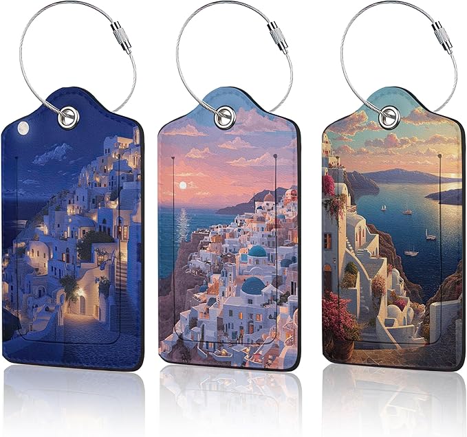 Santorini Sunset Landscape Luggage Tag for Suitcase,Design with Privacy Flap Name ID Label Metal Loop, 3 Pack
