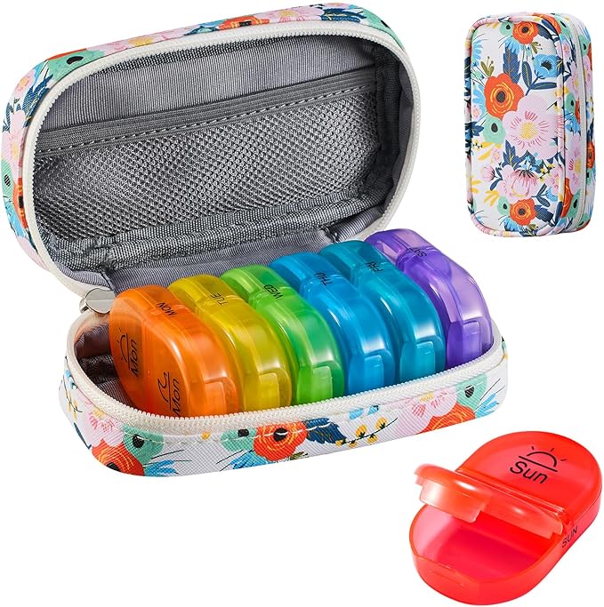 Serfeymi Weekly Travel Pill Organizer 2 Times A Day AM PM Upgraded Rainbow Pill Box 7 Day with Portable Zipper PU Leather Pill Case, Medicine Organizer for Pills, Vitamins, Fish Oils - Floral 03