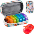 Serfeymi Weekly Travel Pill Organizer 2 Times A Day AM PM Upgraded Rainbow Pill Box 7 Day with Portable Zipper PU Leather Pill Case, Medicine Organizer for Pills, Vitamins, Fish Oils - Floral 03