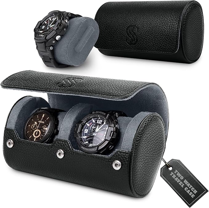 2 Watch Travel Case for Men – Sleek Faux Leather Organizer for Smart & Luxury Timepieces - Portable Travel Watch Storage Box - Ideal Gift for Men with Premium Gift box (Black & Grey)