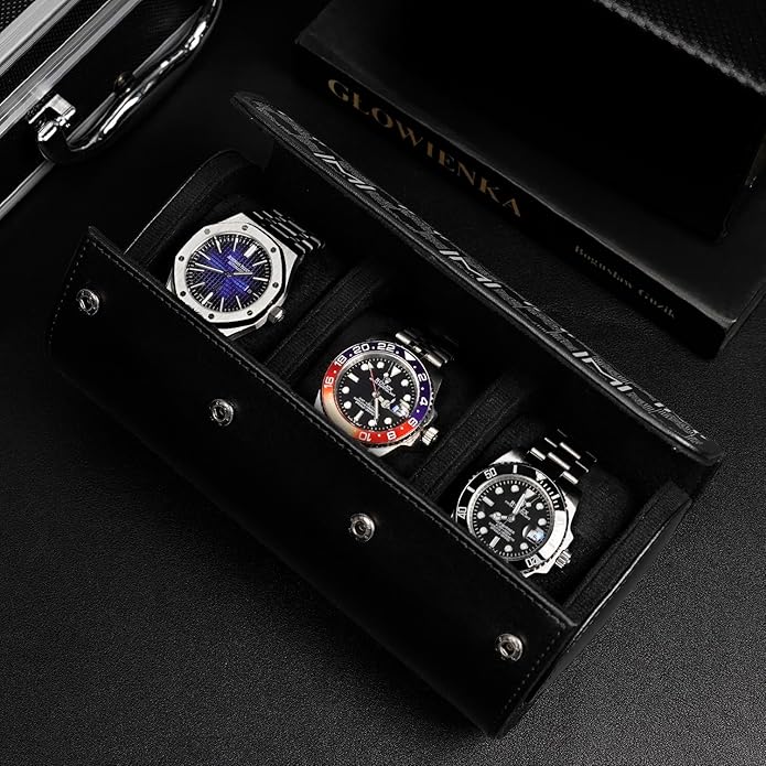 MOZSLY Watch Roll Travel Case 3 Slots Portable Watches Box Organizer Storage Holder Pattern PU Leather
