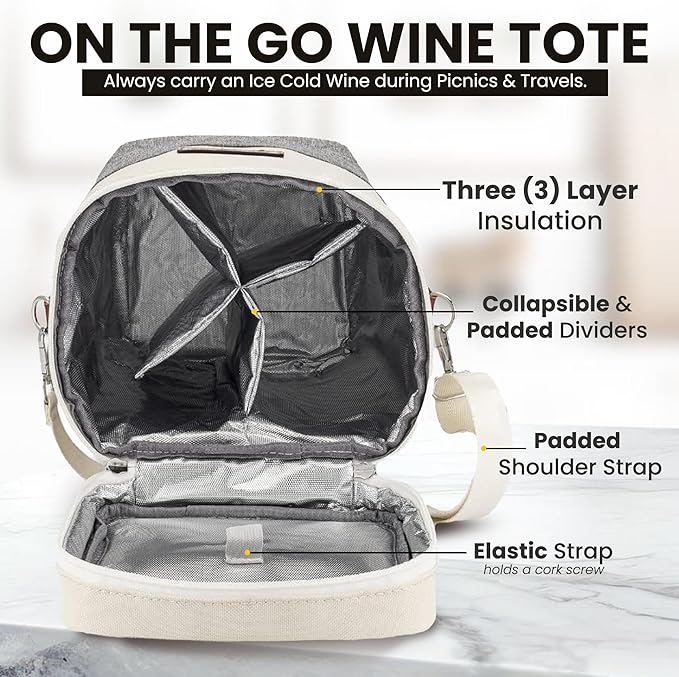 Insulated Wine Bag Cooler – Beige and Gray, Holds 4 Bottles, Wine Opener, Shoulder Strap, Expandable Zipper, 7.8 x 5 x 15 inches, Perfect for Travel & Picnic