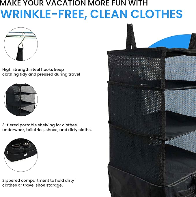 Grand Fusion Stow-N-Go Travel Luggage Organizer – Portable Hanging Travel Shelves, Carry-On Closet Organizer, Hanging Packing Cubes, Collapsible Carry-On Organizer for Cruises & Hotels. Black - L