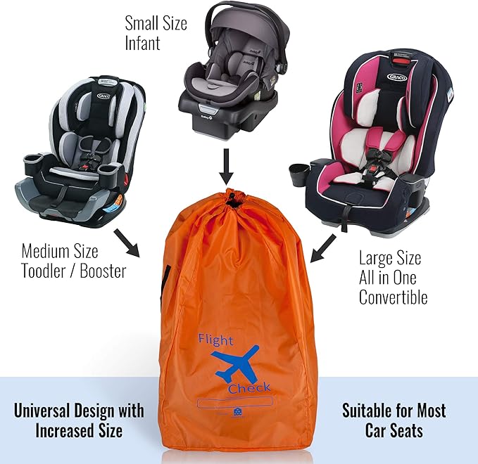 Car Seat Travel Bag and Carrier for Gate Check with Travel Pouch - Bright Orange with Blue Letters for Airport, Airplane Gate Check, Car Trips and Storage Double Backpack Straps | Carseat Bag for sto