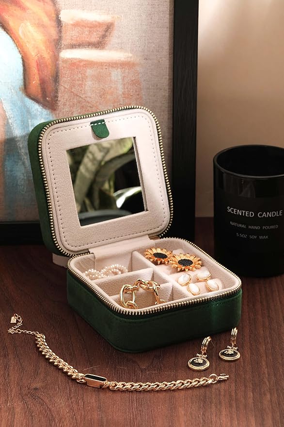S.Leaf Travel Jewelry Organizer Travel Jewelry Boxes for Women Small Jewelry Travel Case Box Portable Travel Jewelry Case Travel Case Mini Jewelry (08_Suede_Touch_Emerald)