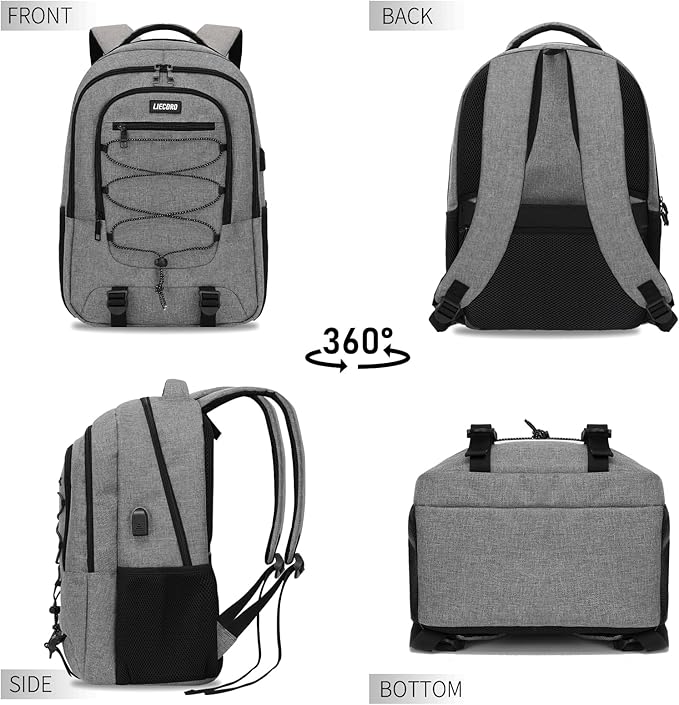 Grey Backpack for Men Women, Backpack for School, School Backpacks for Boys Girls Teens, 15.6 inch Laptop Back Pack with USB Charging Port, Large College Book Bag, Business Work Travel Bookbag