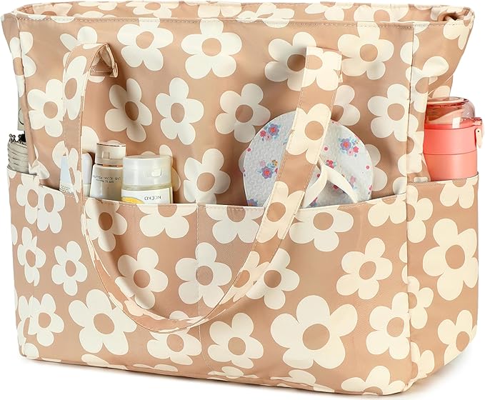 LEDAOU Large Beach Tote Bag Women Waterproof Sandproof Zipper Beach Tote Bag for Pool Gym Grocery Travel with Wet Pocket