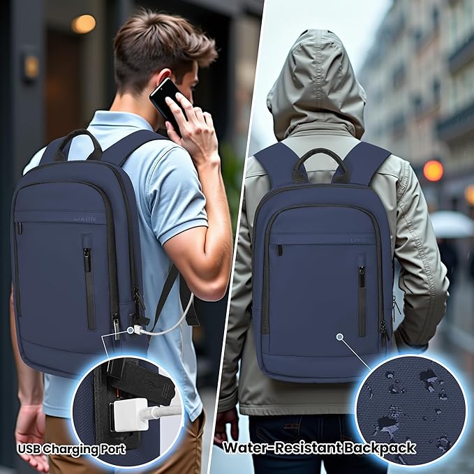 Business Backpack for Men Lightweight Commute Laptop Backpack Anti-Theft Water Resistant Backpack for 17.3 Inch Computer for Daily Office Work with Small Bag (Blue)