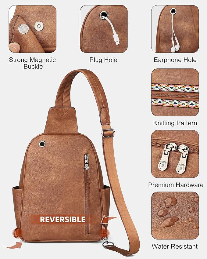 FADEON Large Sling Bag for Women, Leather Crossbody Purse Designer Anti Theft Sling Backpack, RFID Fanny Packs for Travel