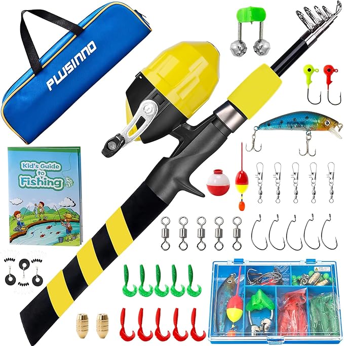PLUSINNO Kids Fishing Pole, Portable Telescopic Fishing Rod and Reel Combo Kit - with Spincast Fishing Reel Tackle Box for Boys, Girls, Youth